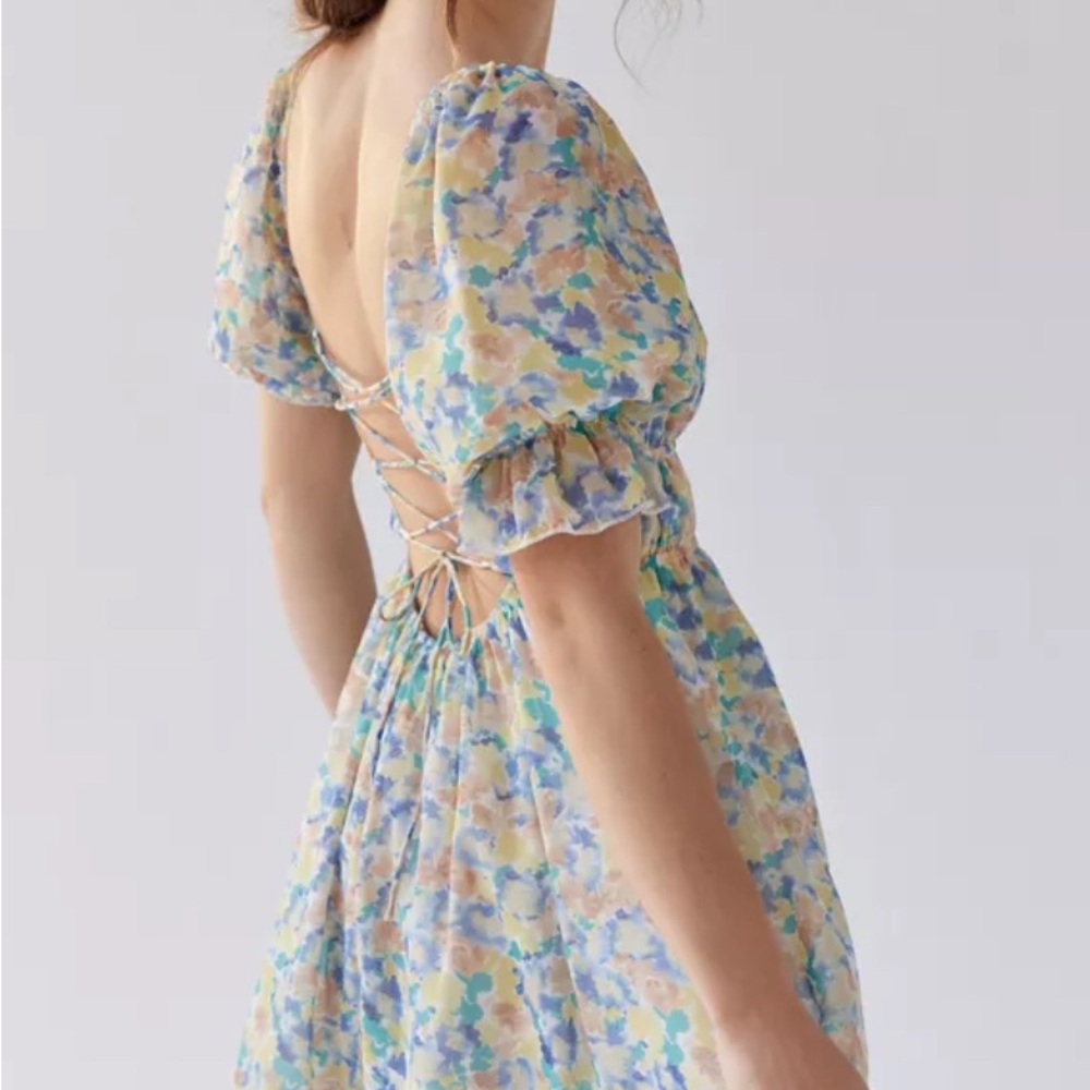 Urban Outfitters Floral Puff Sleeve Mini Dress Kiss the Sky Strappy Back XS